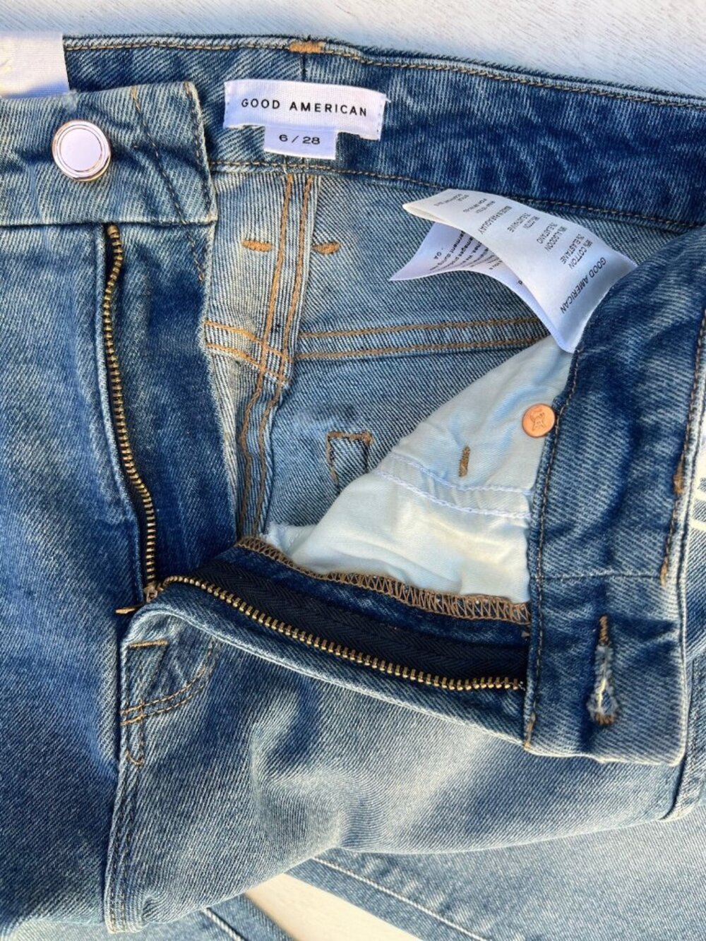 Good American Good Curve High Waist Frayed Straight Leg Jeans Blue 313 Size 6 NW - Picture 5 of 11